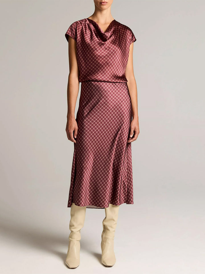 Ombré Plaid Silk Satin Cowl-Neck Blouse  in Black Rose/Oak Bluff