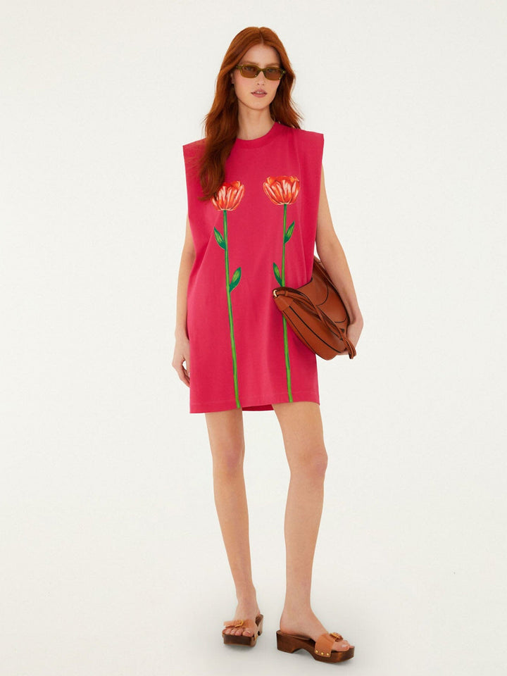 Tropical Rose Padded Shoulder Mini Dress in Pink