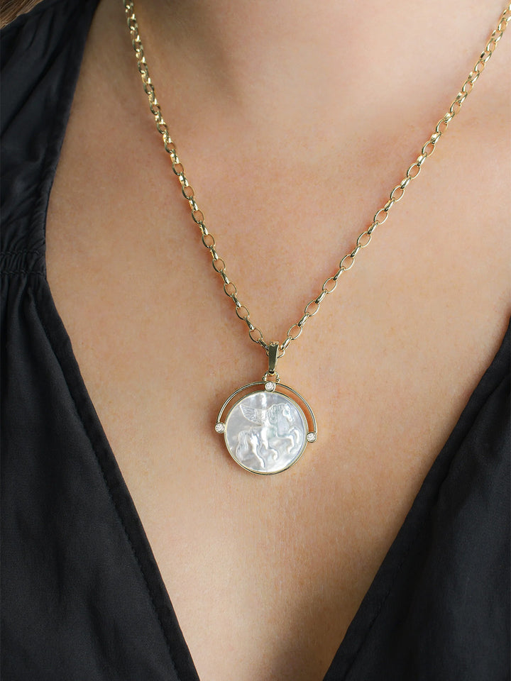 Pegasus Pearl Coin Pendant Necklace in Gold