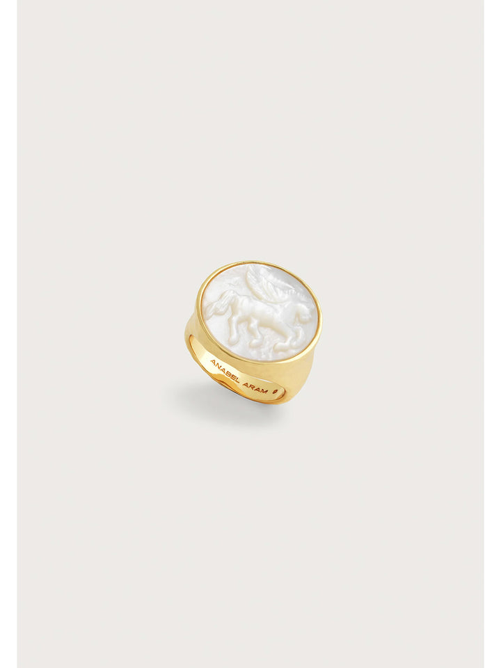 Pegasus Pearl Coin Signet Ring in Gold