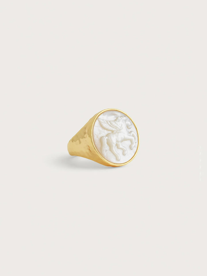 Pegasus Pearl Coin Signet Ring in Gold
