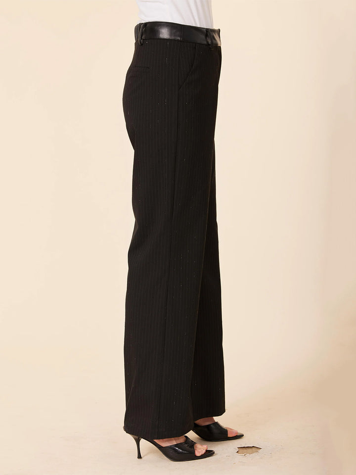 Faux Leather Waist Band Pinstripe Sparkle Pant in Black