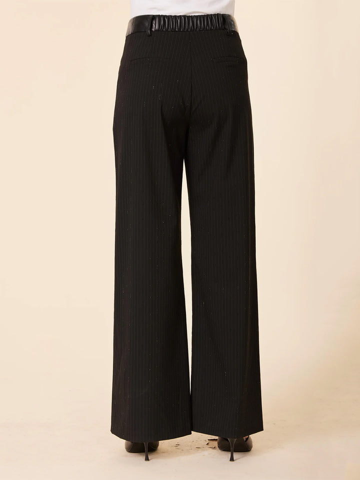 Faux Leather Waist Band Pinstripe Sparkle Pant in Black