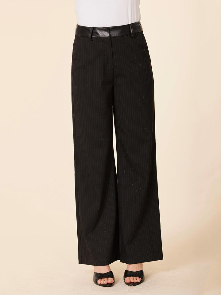 Faux Leather Waist Band Pinstripe Sparkle Pant in Black