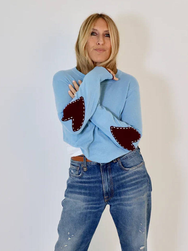 Round Neck Patchwork Pullover in Mid Blue