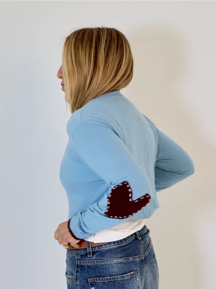 Round Neck Patchwork Pullover in Mid Blue