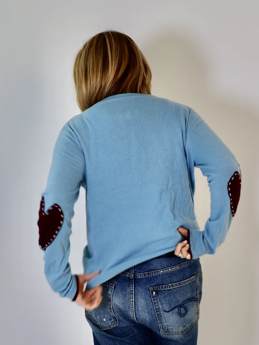 Round Neck Patchwork Pullover in Mid Blue