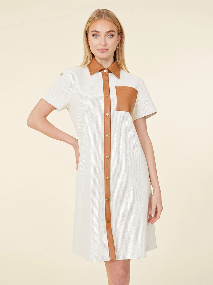 Vegan Leather Perforated Dress in Cream/Brown