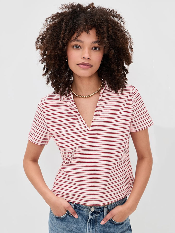 Perrin Collared V-Neck Striped Tee in Natural Red