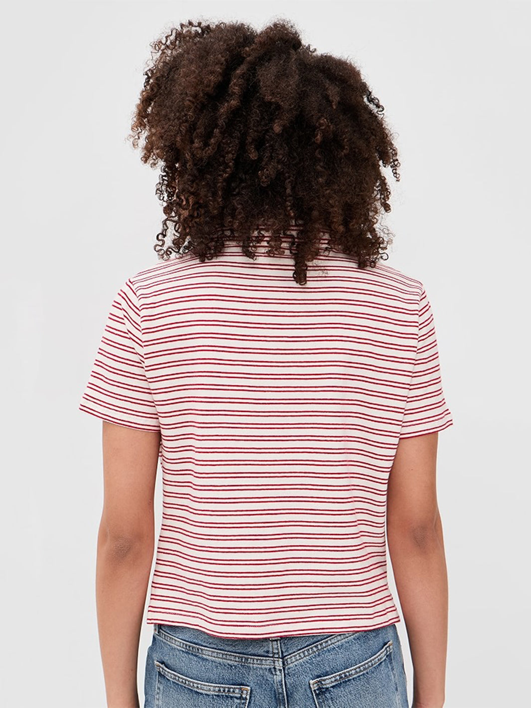 Perrin Collared V-Neck Striped Tee in Natural Red