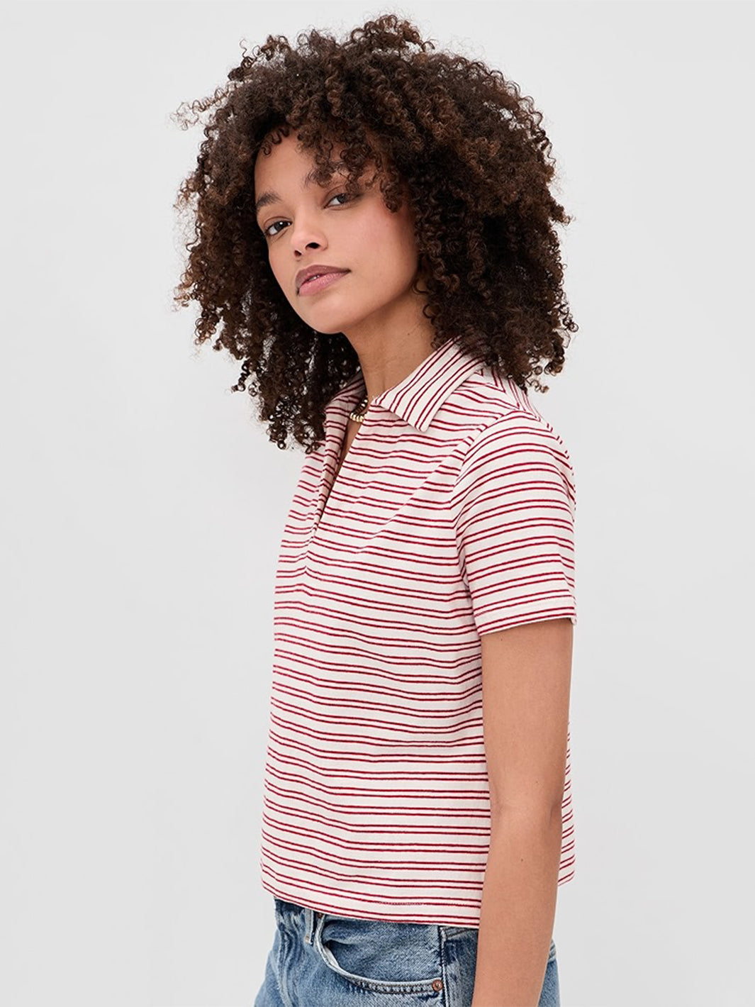 Perrin Collared V-Neck Striped Tee in Natural Red