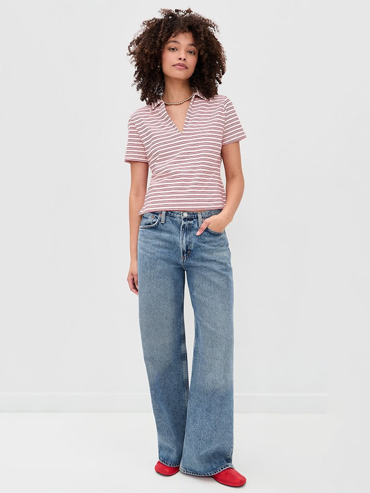 Perrin Collared V-Neck Striped Tee in Natural Red