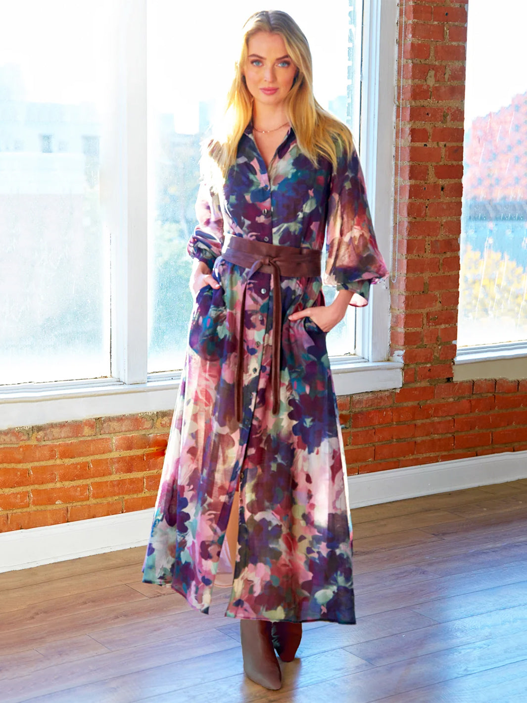 Pilar Floral Tie Front Maxi Dress in Purple