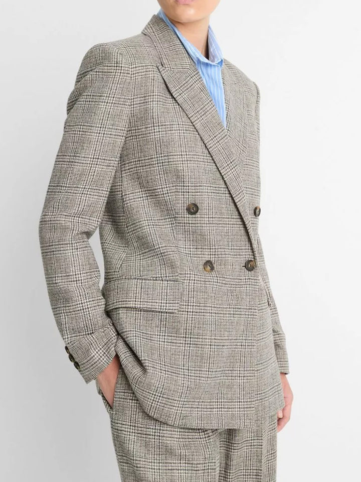 Plaid Italian Wool-Blend Double Breasted Jacket in Heritage Grey