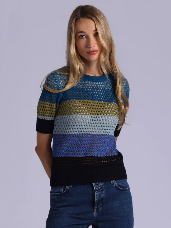 Plaited Mesh Striped Short Sleeve Crew in Cool Mesh Combo