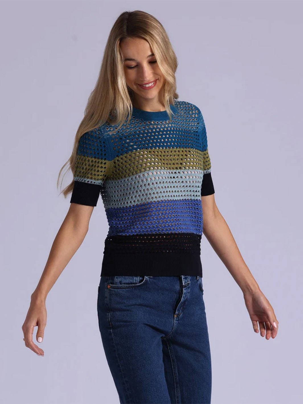 Plaited Mesh Striped Short Sleeve Crew in Cool Mesh Combo