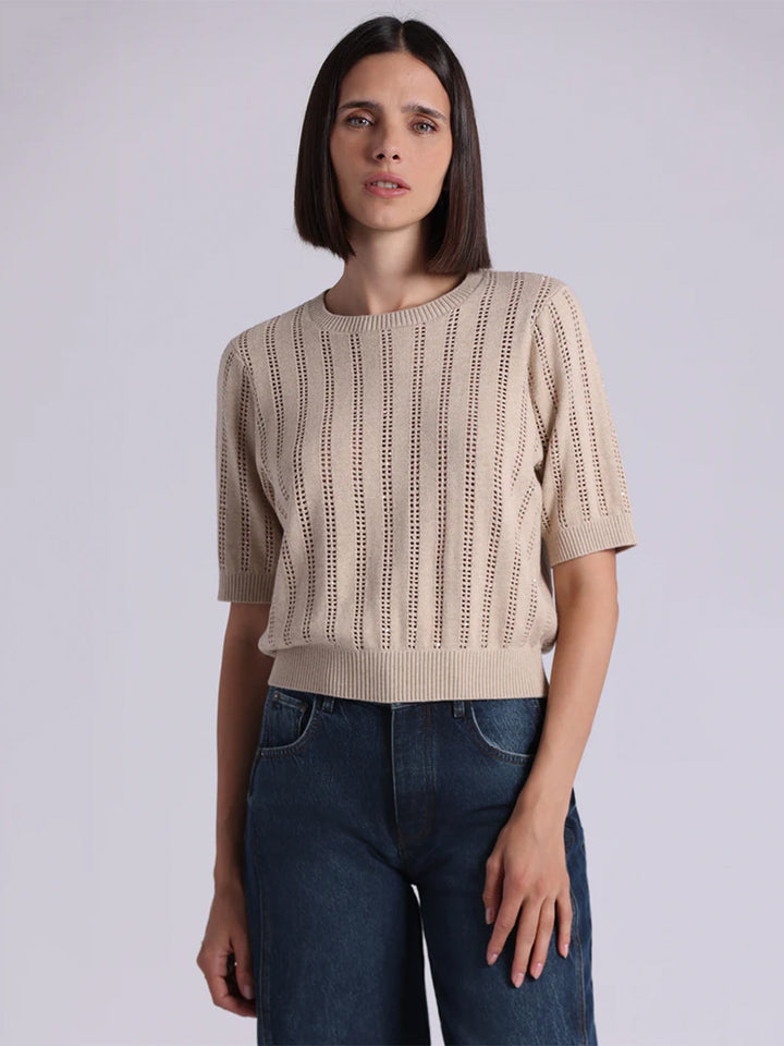 Sparkle Cotton Cashmere Short Sleeve Crew With Pointelle in Brown Sugar
