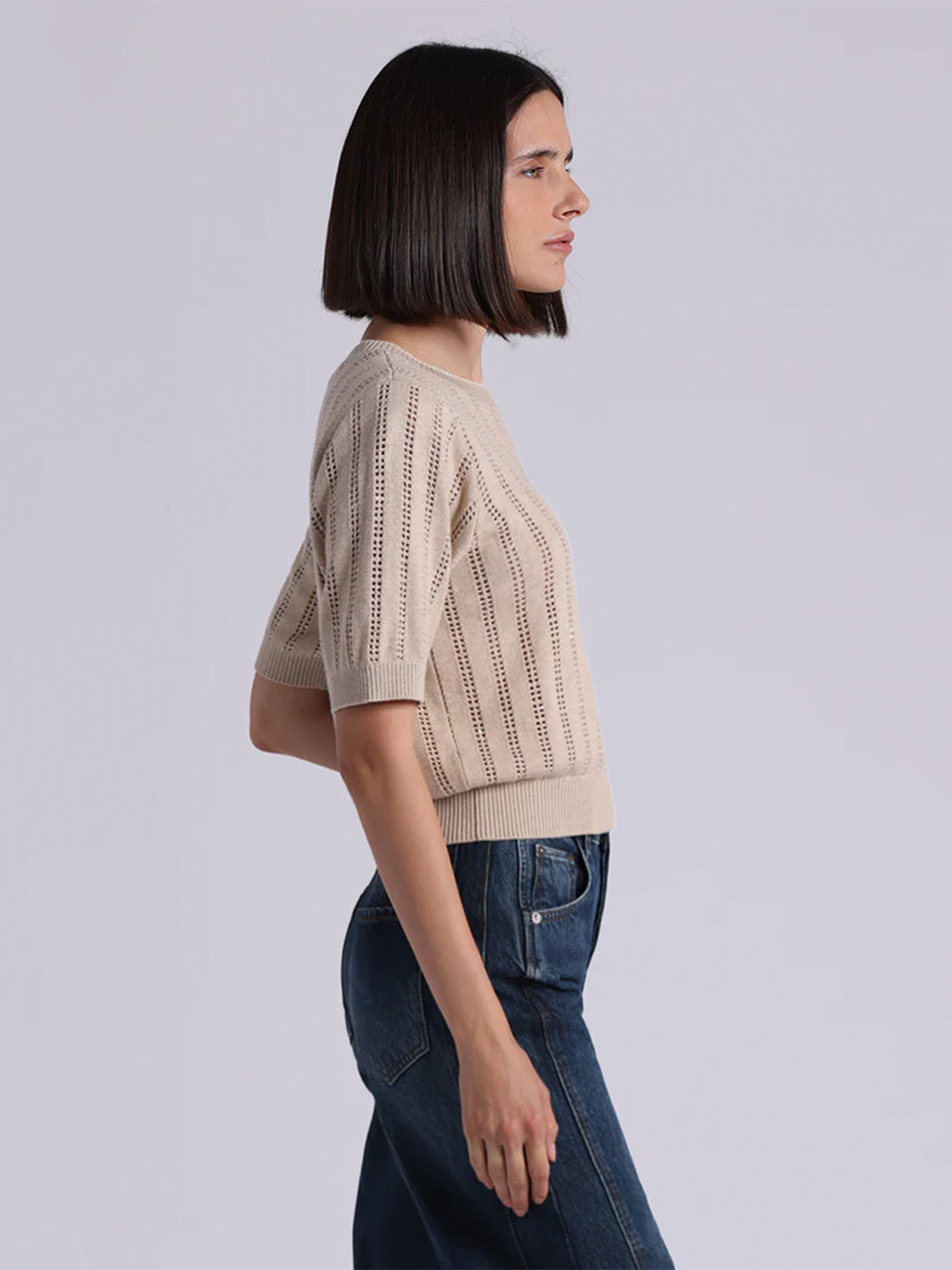 Sparkle Cotton Cashmere Short Sleeve Crew With Pointelle in Brown Sugar