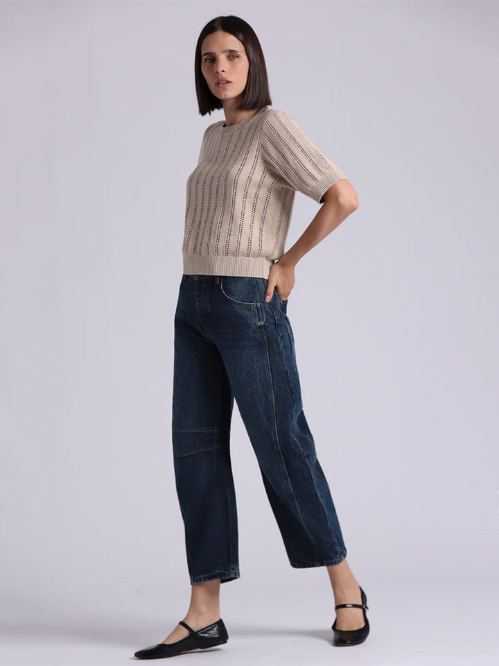 Sparkle Cotton Cashmere Short Sleeve Crew With Pointelle in Brown Sugar