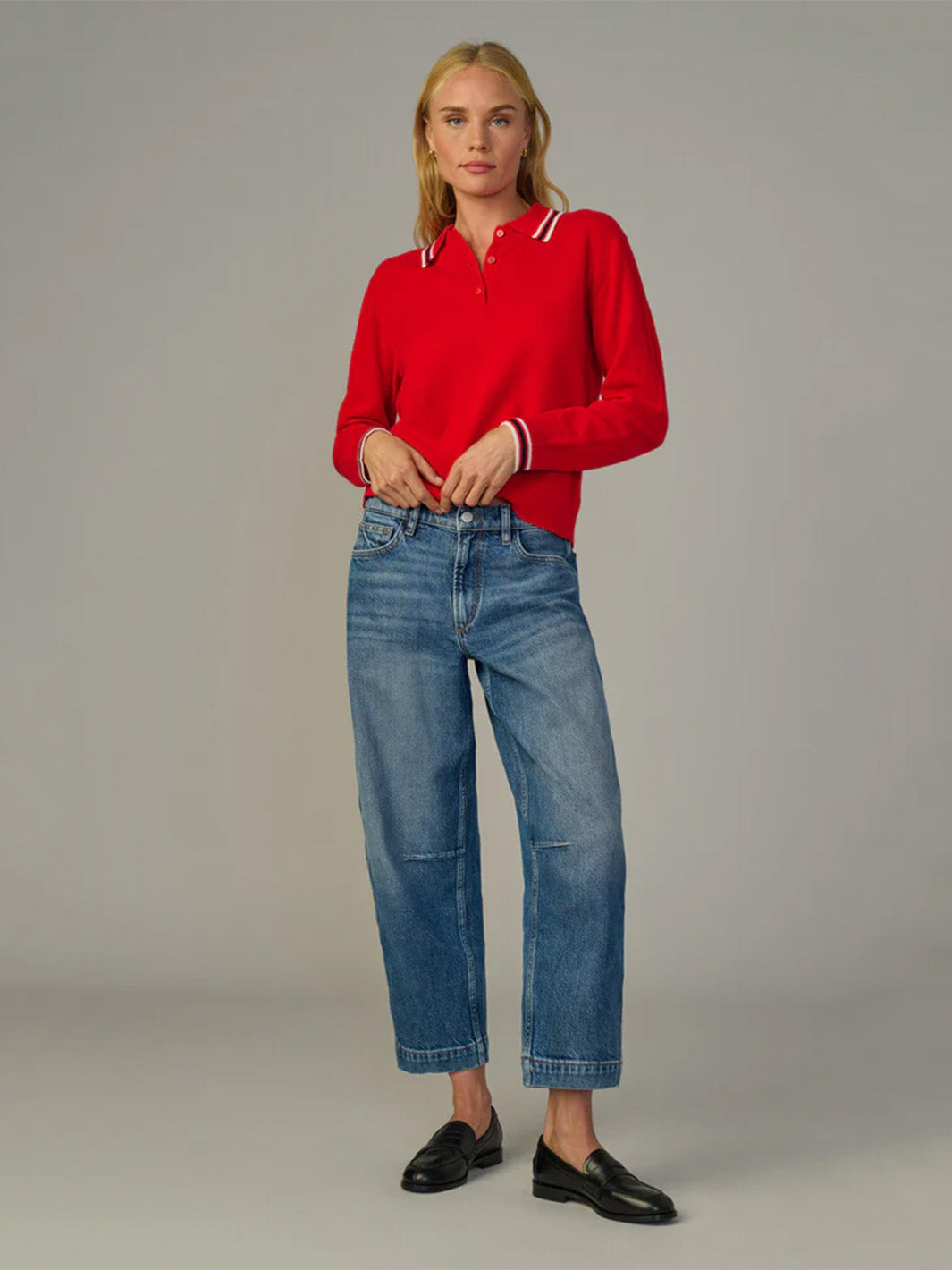 The Long Sleeve Cashmere Polo in Cherry Red