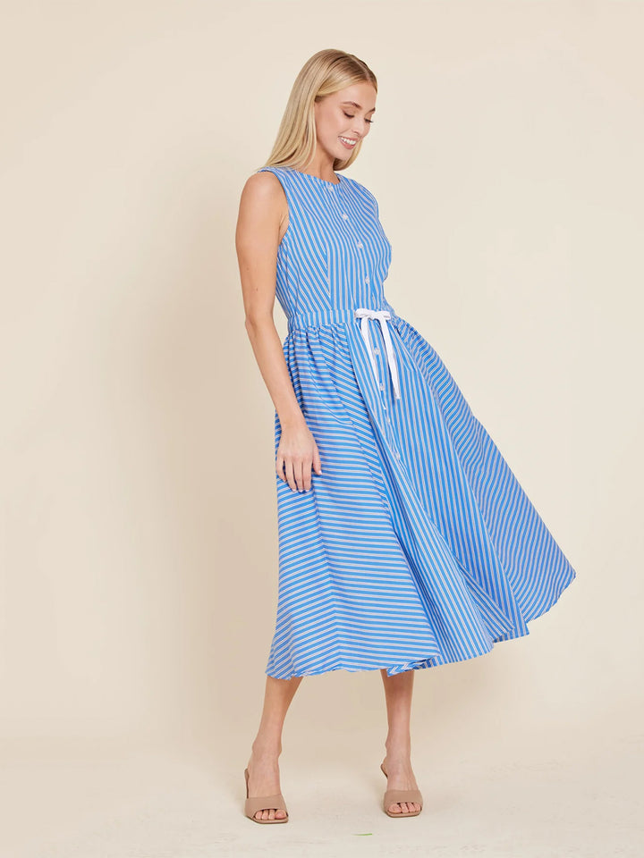 Poplin Drawstring and Bow Back Midi Dress in Blue Multi