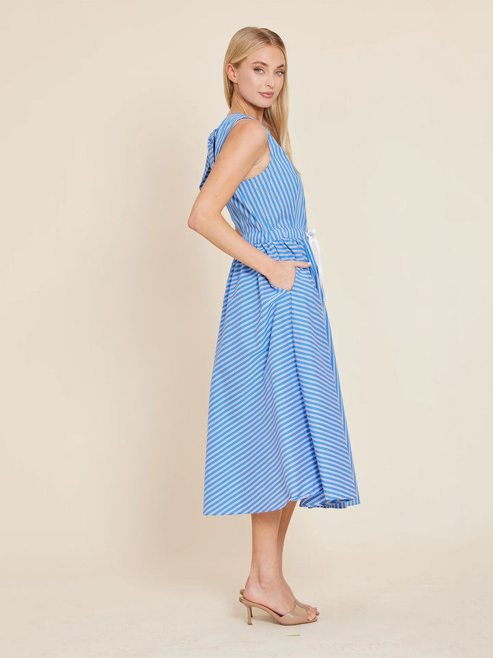 Poplin Drawstring and Bow Back Midi Dress in Blue Multi