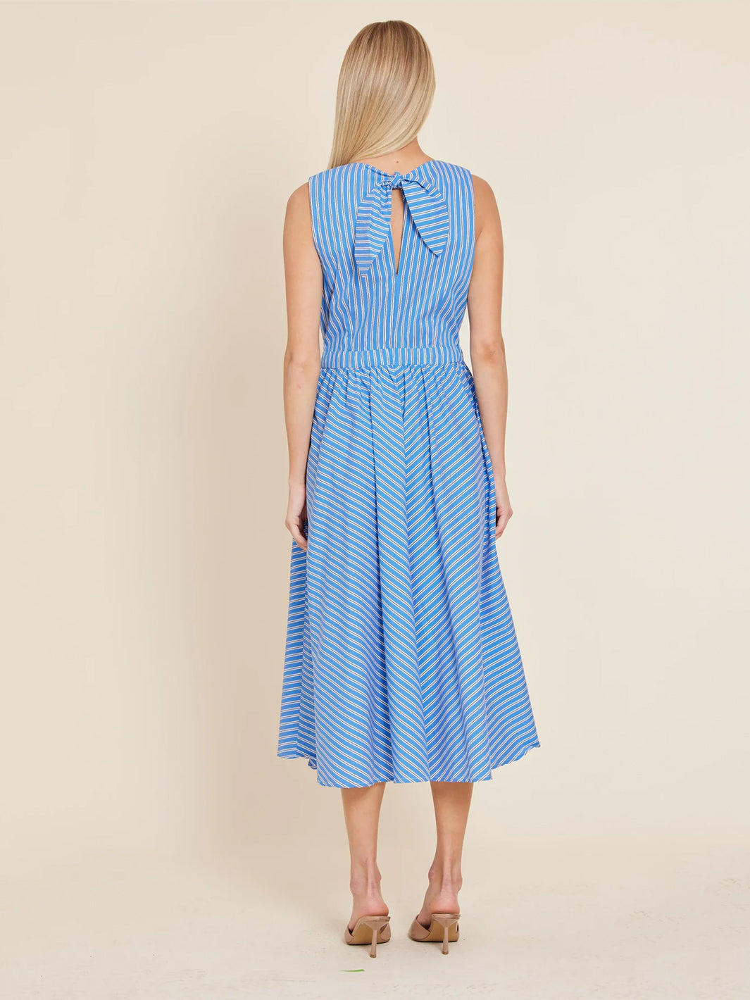 Poplin Drawstring and Bow Back Midi Dress in Blue Multi