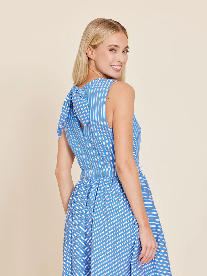 Poplin Drawstring and Bow Back Midi Dress in Blue Multi