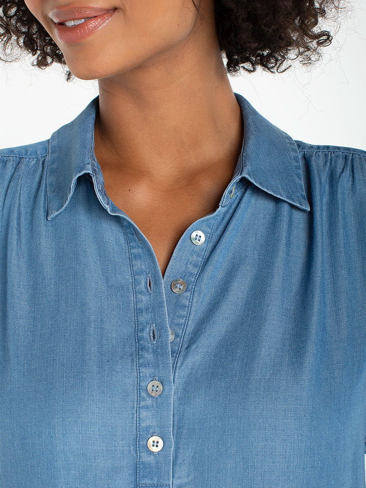 Popover Shirt w/Shirring in Sunlit Blue