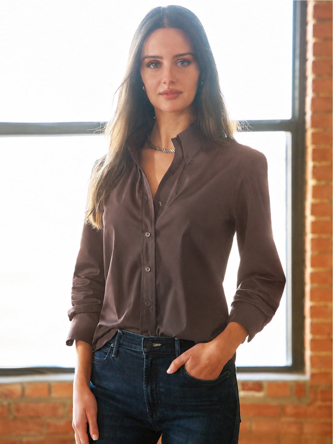 Silky Popli Preppy Shirt in Chocolate Brown