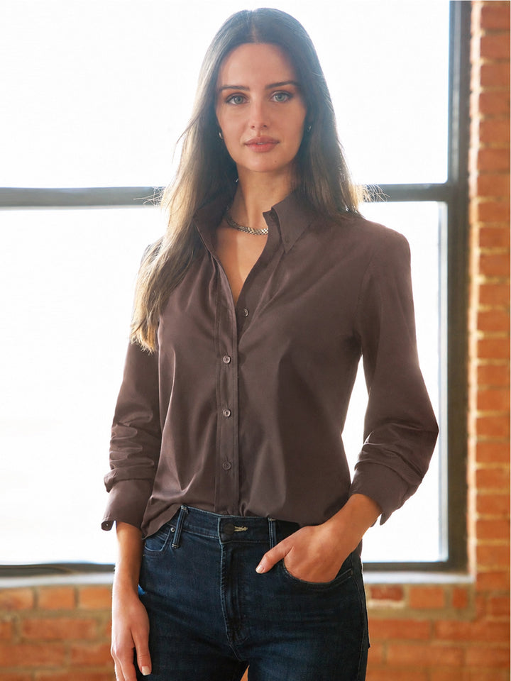 Silky Popli Preppy Shirt in Chocolate Brown
