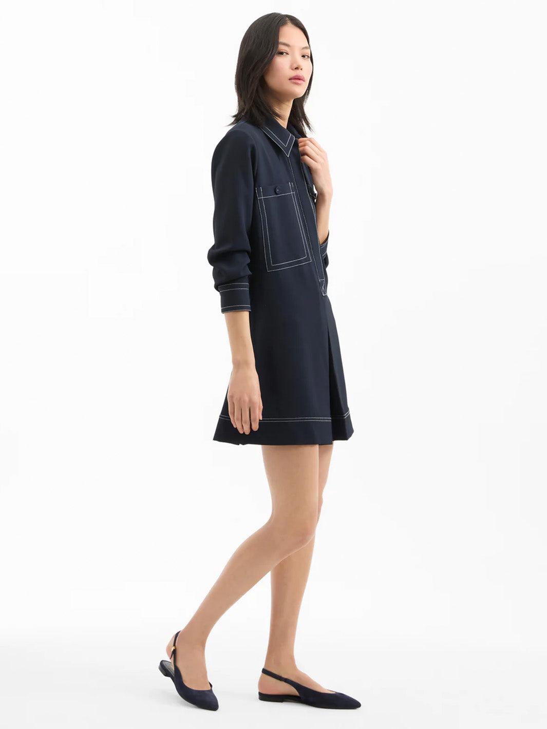 Pryce Long Sleeve Pleated Mini Dress in Navy