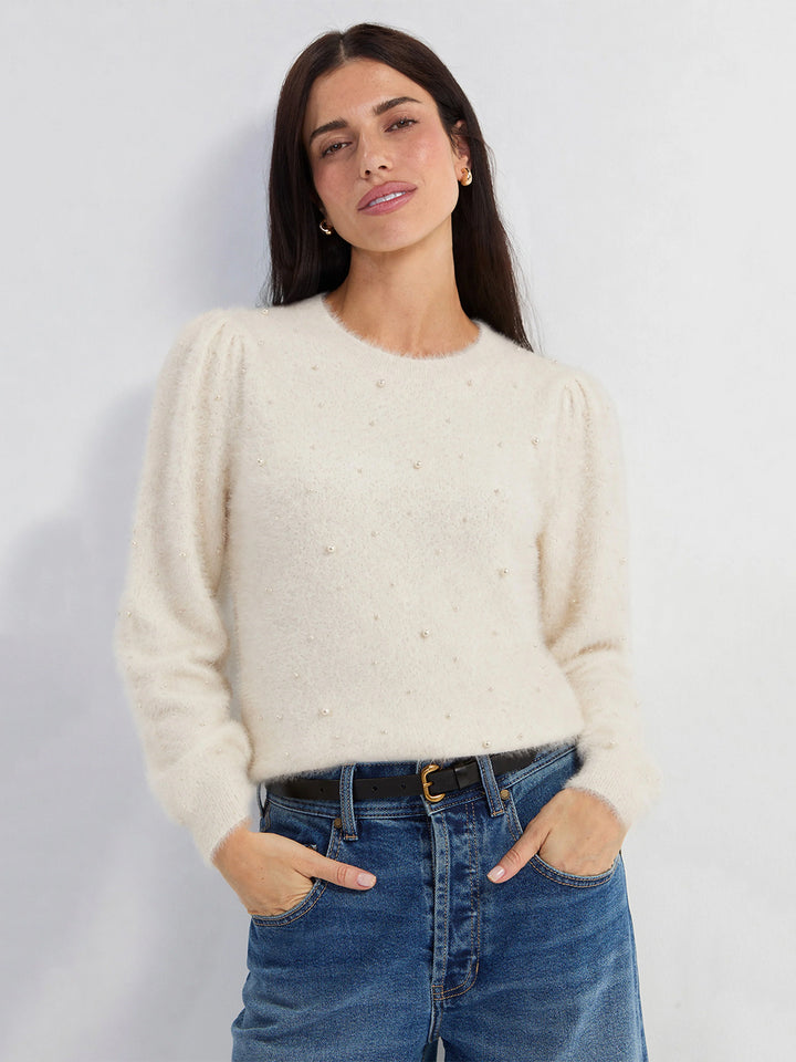 Puff Sleeve Crew Neck Sweater in Ivory