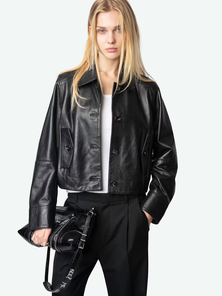 Liston Cropped Leather Jacket in Black