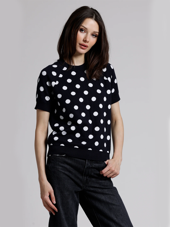 Cotton Cashmere Polka Dot Reversible Short Sleeve Crew in Navy/White