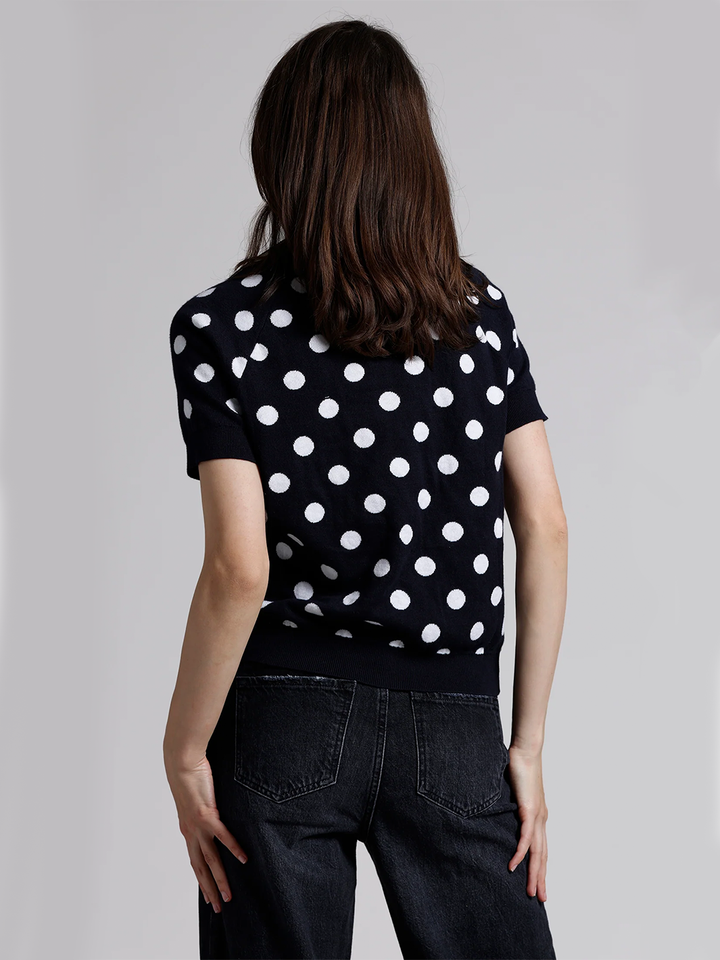 Cotton Cashmere Polka Dot Reversible Short Sleeve Crew in Navy/White