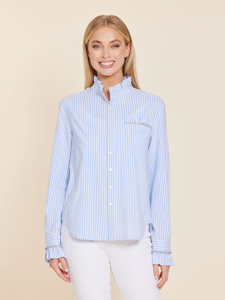 Poplin Rhinestone Long Sleeve Top in Blue/White