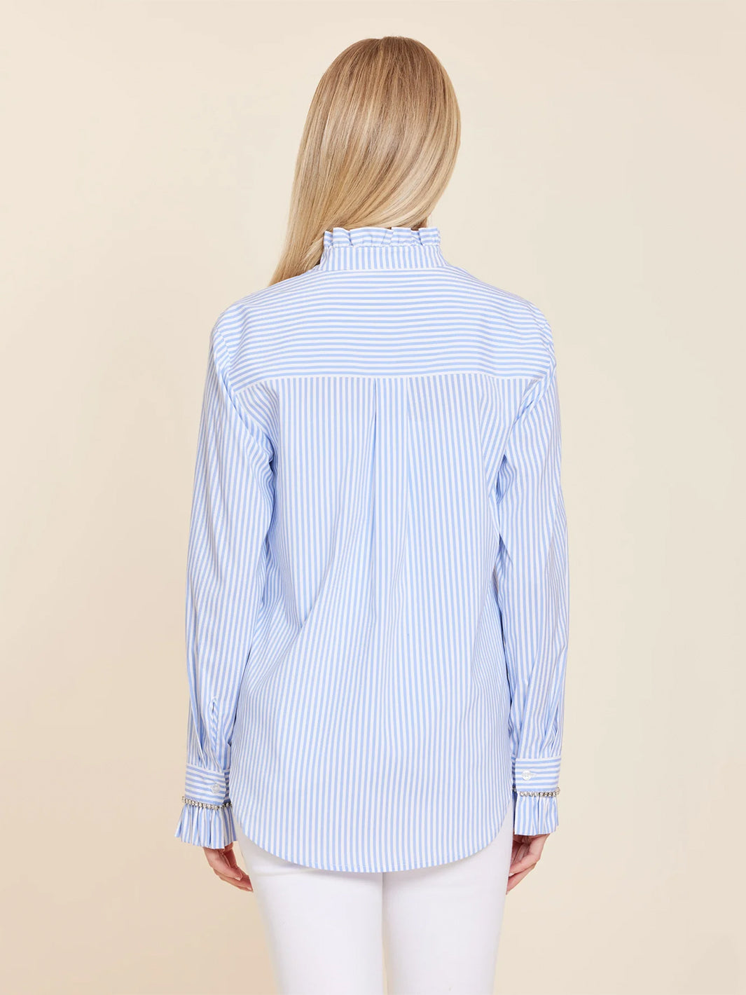 Poplin Rhinestone Long Sleeve Top in Blue/White