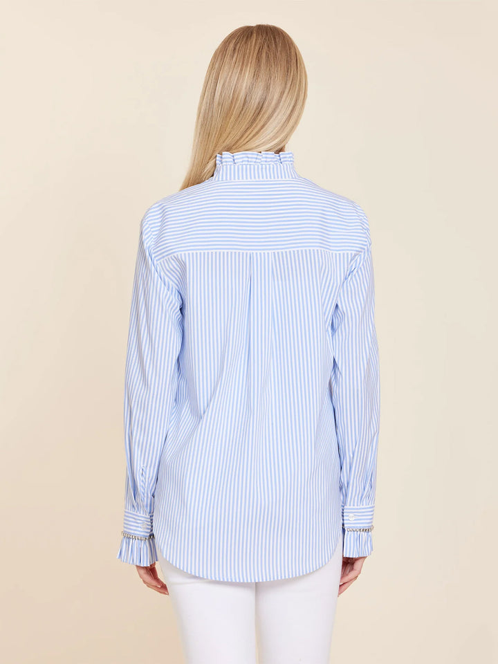 Poplin Rhinestone Long Sleeve Top in Blue/White