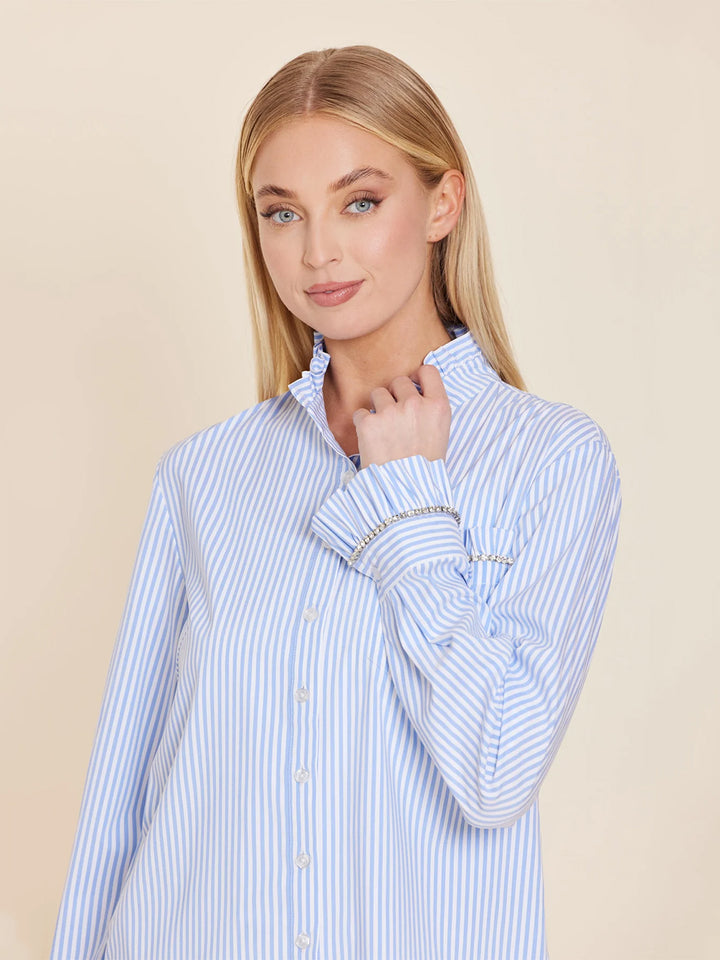 Poplin Rhinestone Long Sleeve Top in Blue/White