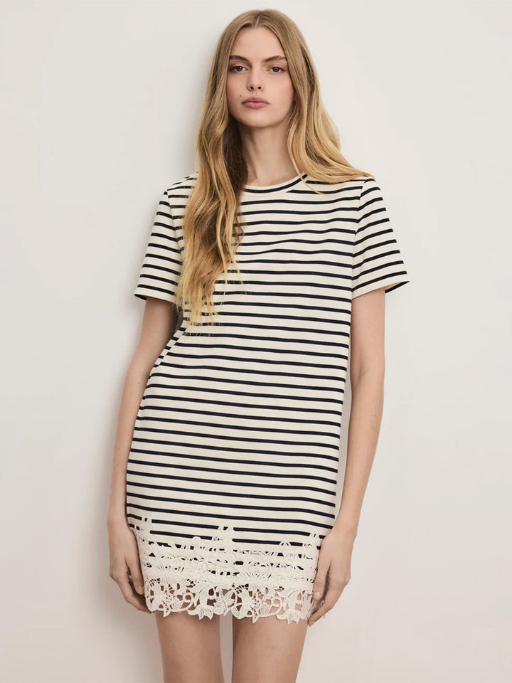 Rhue Striped Lace-Hem Mini Dress in Dove Navy Stripe