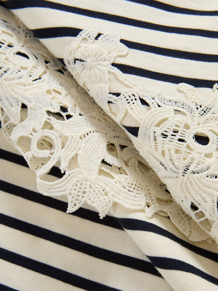 Rhue Striped Lace-Hem Mini Dress in Dove Navy Stripe