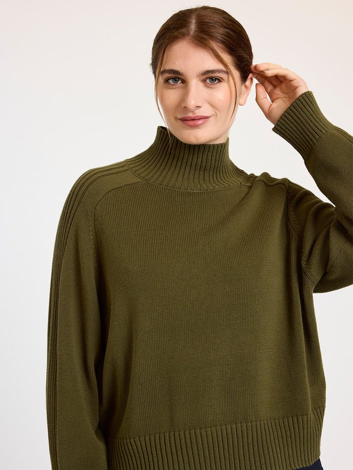 Rib High Neck Sweater in Khaki
