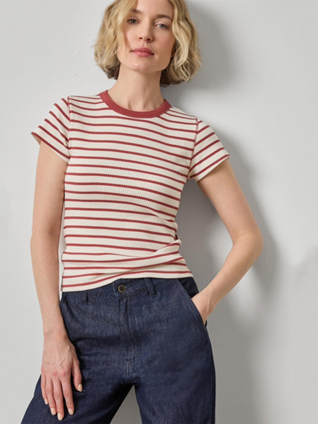 Ribbed Short Sleeve Crew  in Henna Stripe