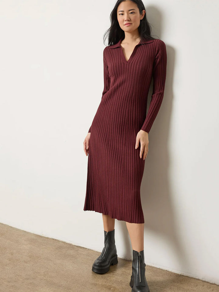 Long Sleeve Rib Henley Dress in Dark Cherry