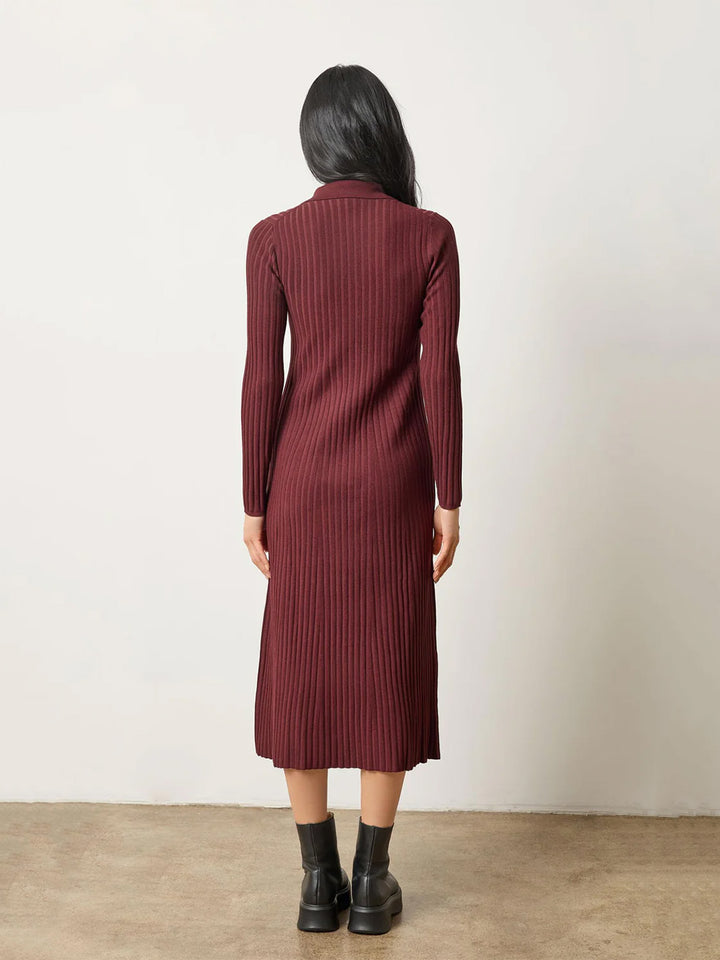 Long Sleeve Rib Henley Dress in Dark Cherry