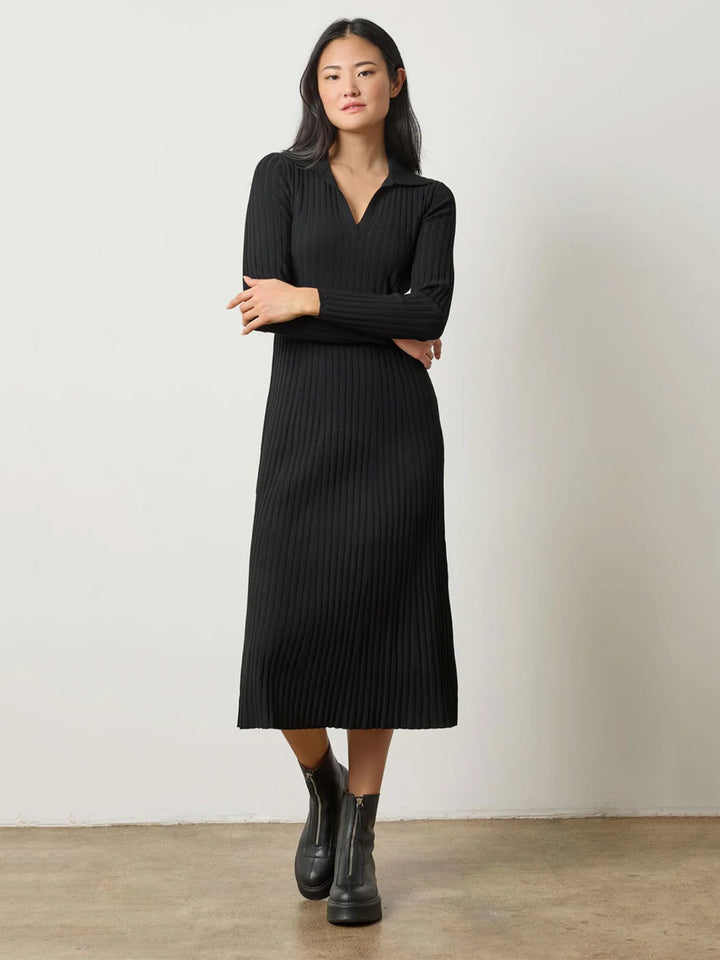 Long Sleeve Rib Henley Dress in Black