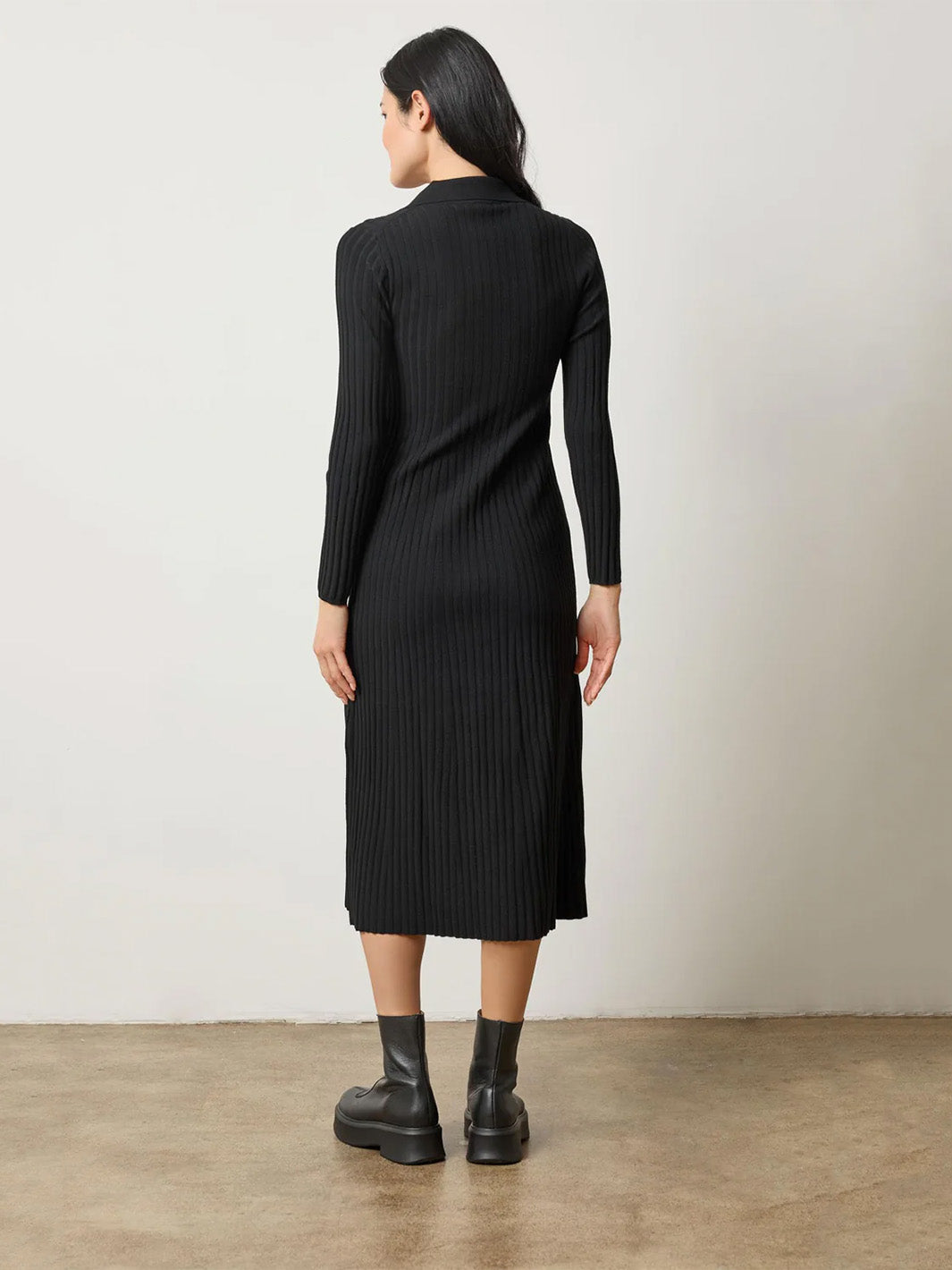 Long Sleeve Rib Henley Dress in Black