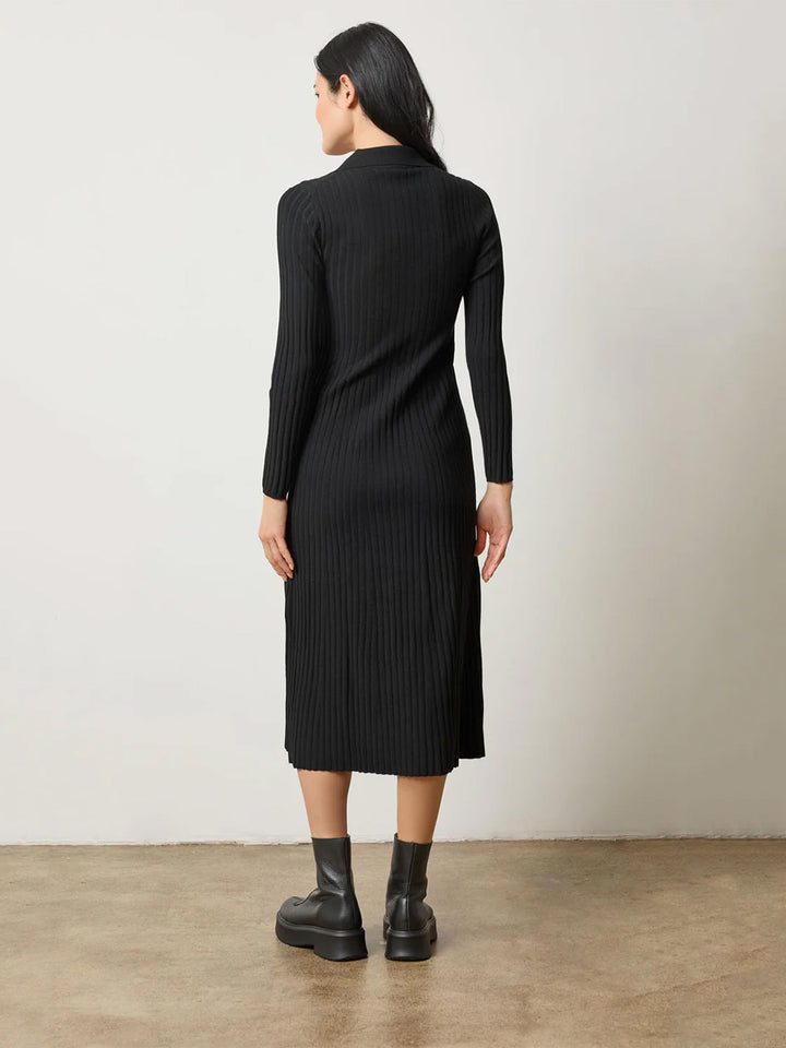 Long Sleeve Rib Henley Dress in Black