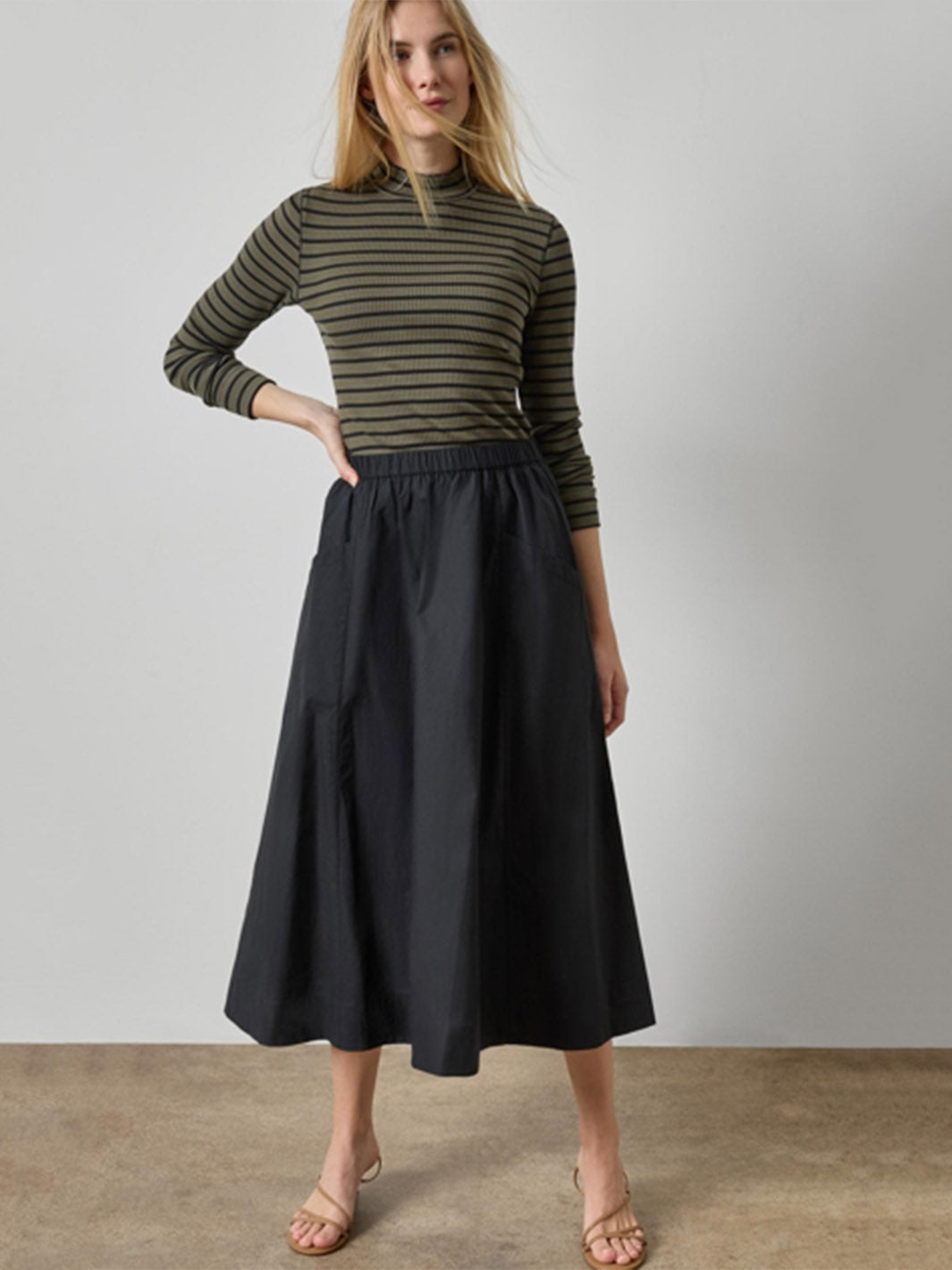 Ribbed Long Sleeve Mock in Olive Stripe